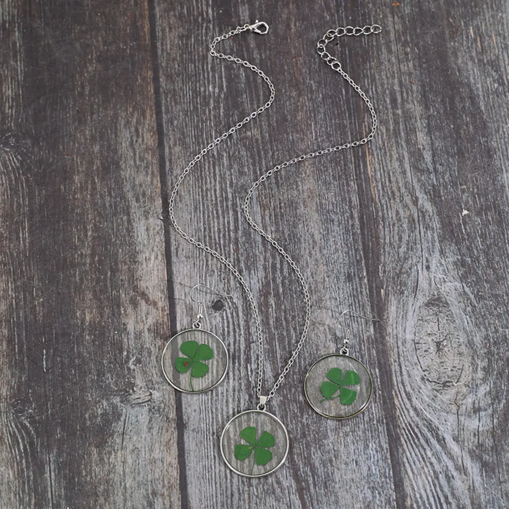 Lucky Clover Alloy Acrylic Earrings and Necklace Jewelry Set, image 3