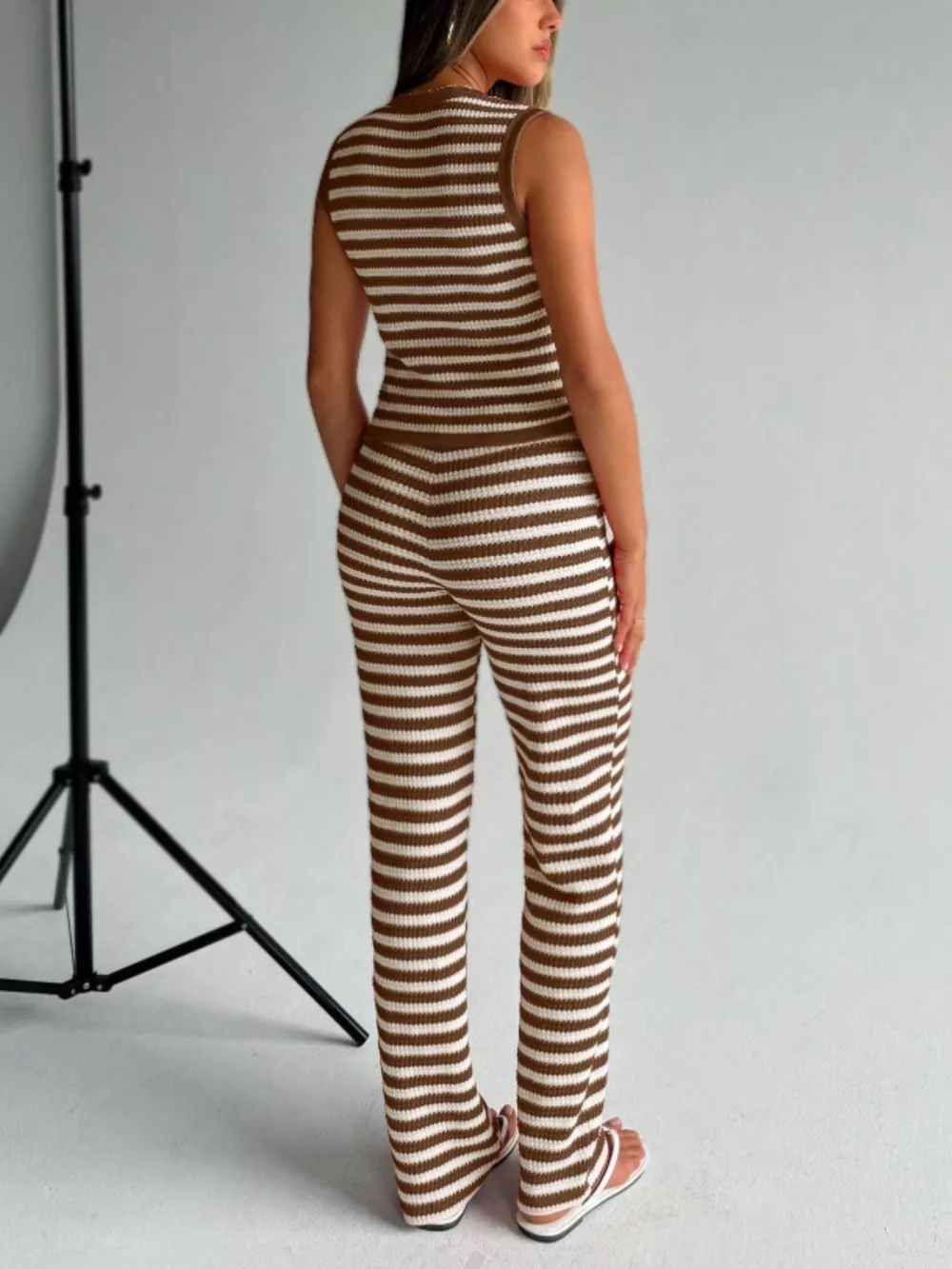 Striped Knit V-Neck Button-Up Sleeveless Top and Flare Pants Set, image 12