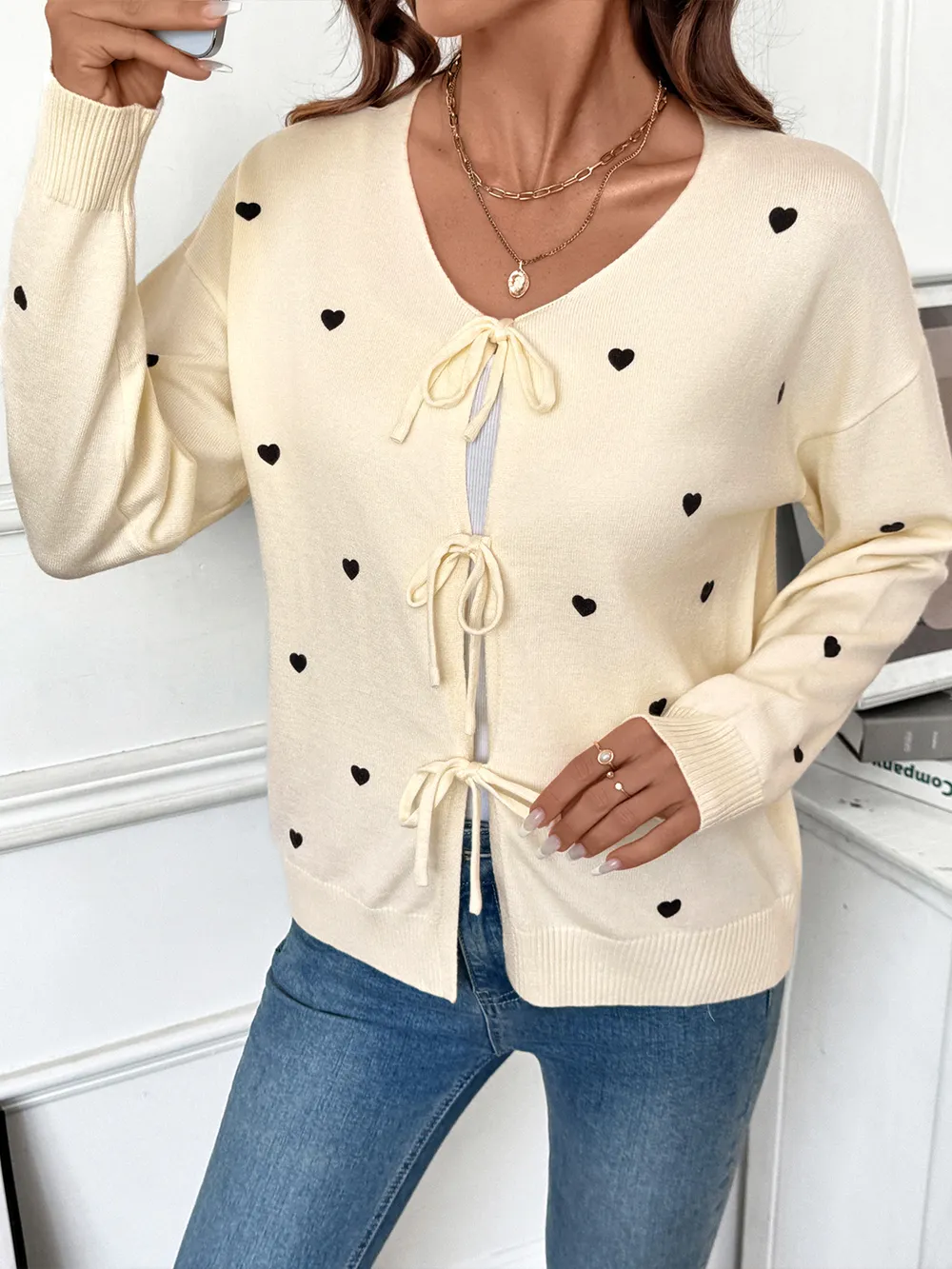 Heart Tie-Front Long Sleeve Cardigan, image 4