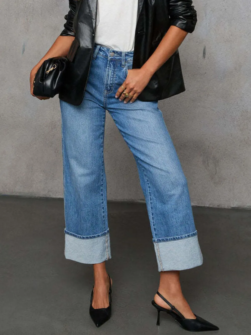 High Waisted Straight Leg Rolled Jeans, image 4