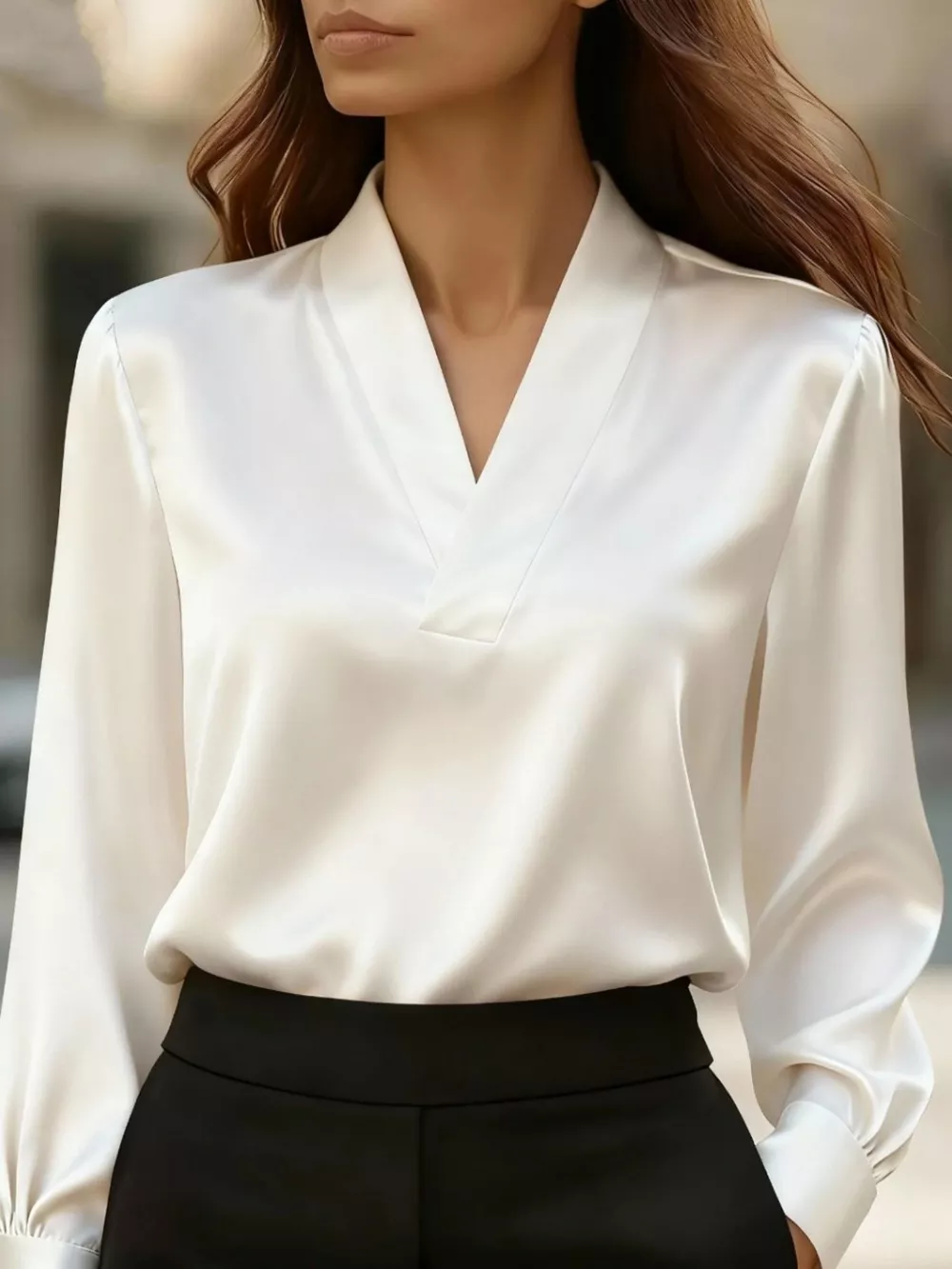 V-Neck Long Sleeve Satin Blouse, image 3
