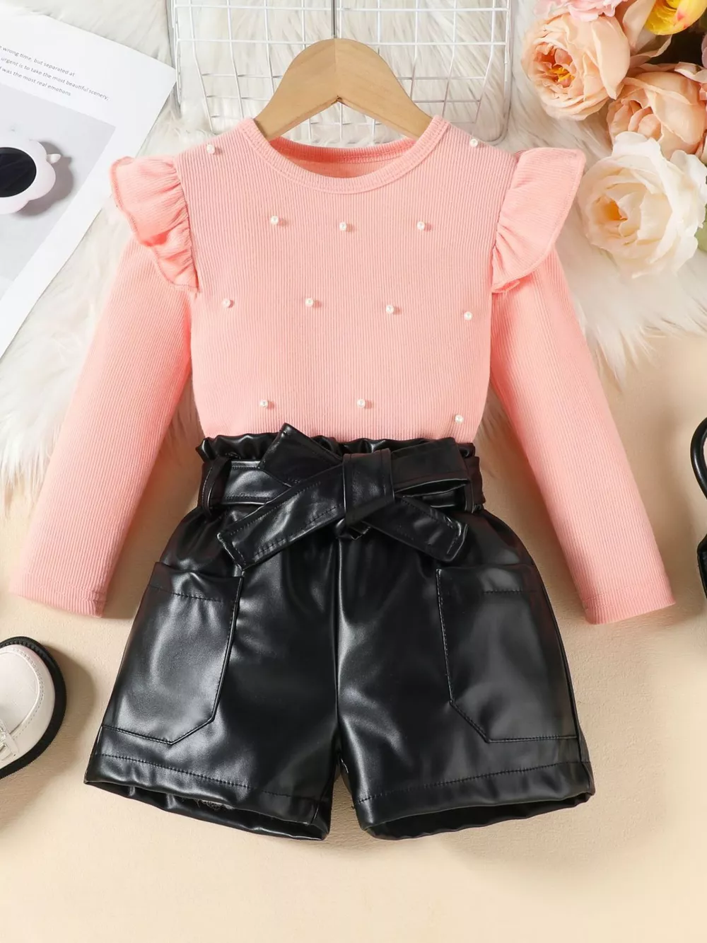 Children's Ruffled Pearl Embellished Top & Faux Leather Shorts Set with Belt