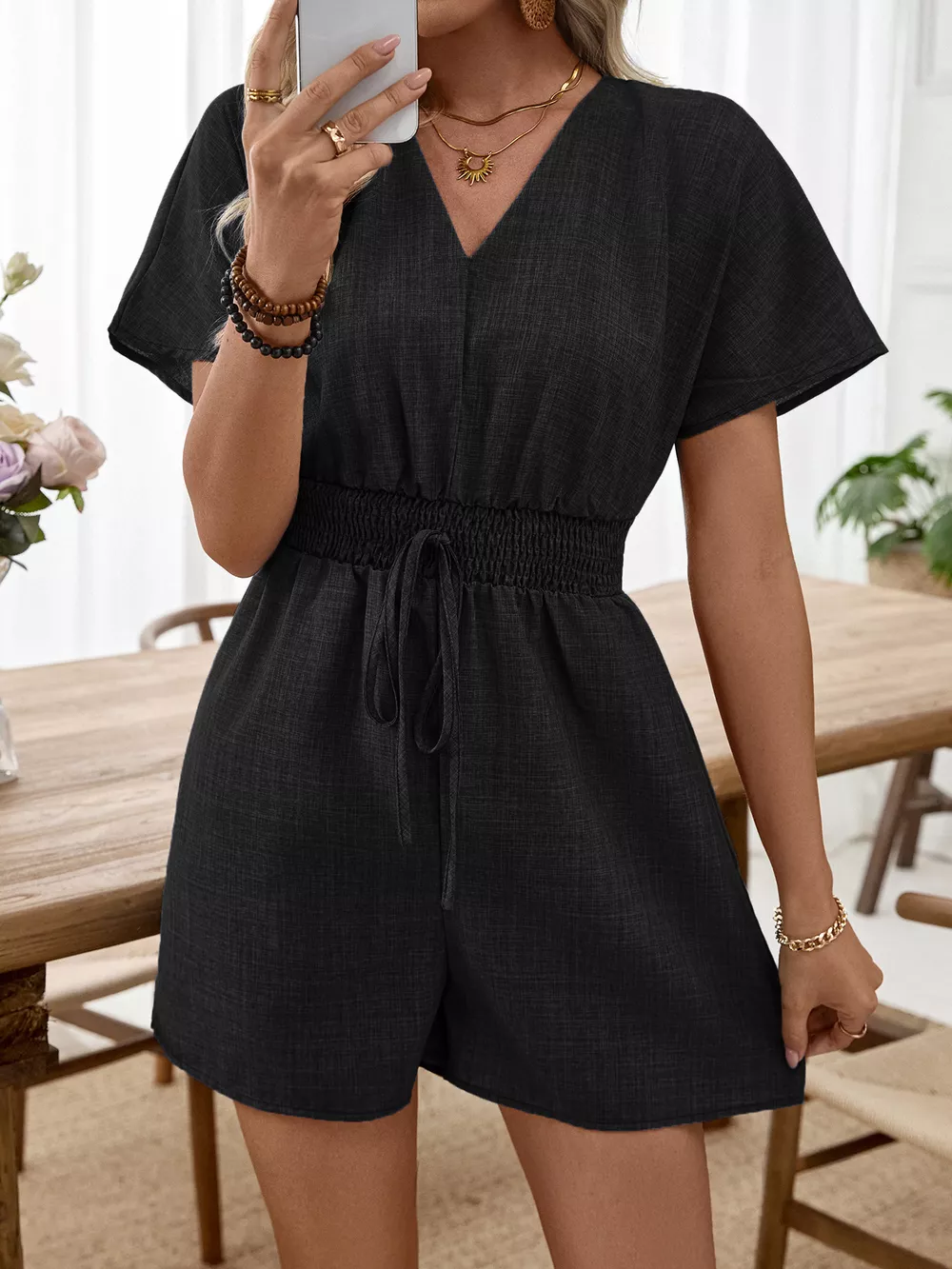 V-Neck Drawstring Waist Romper