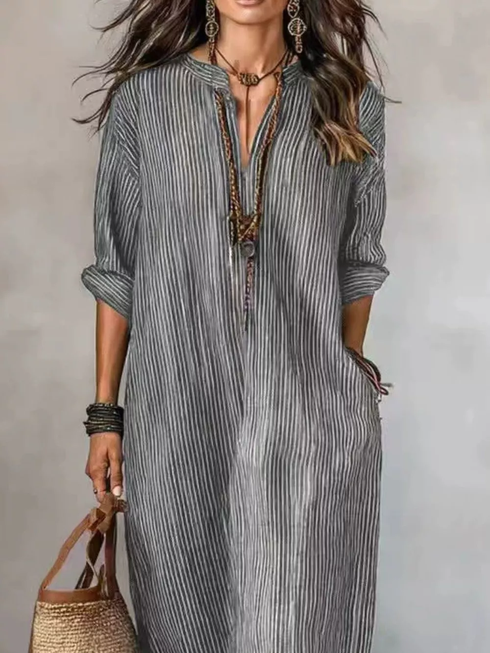 Full Size Striped Notched Maxi Dress with Pockets Plus Size, image 8