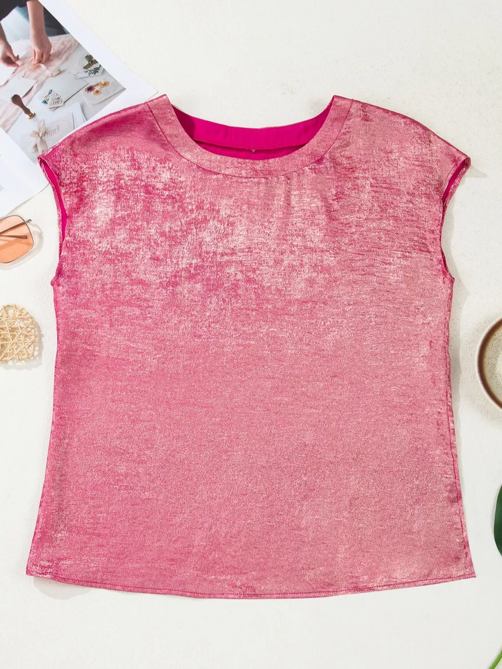 Metallic Round Neck Cap Sleeve Tee, image 3