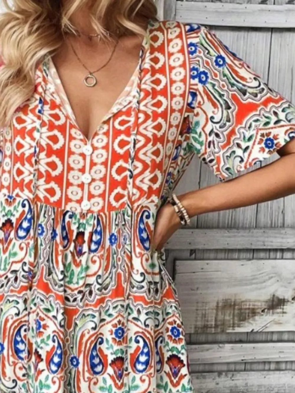 Printed Tie Neck Short Sleeve Dress, image 3