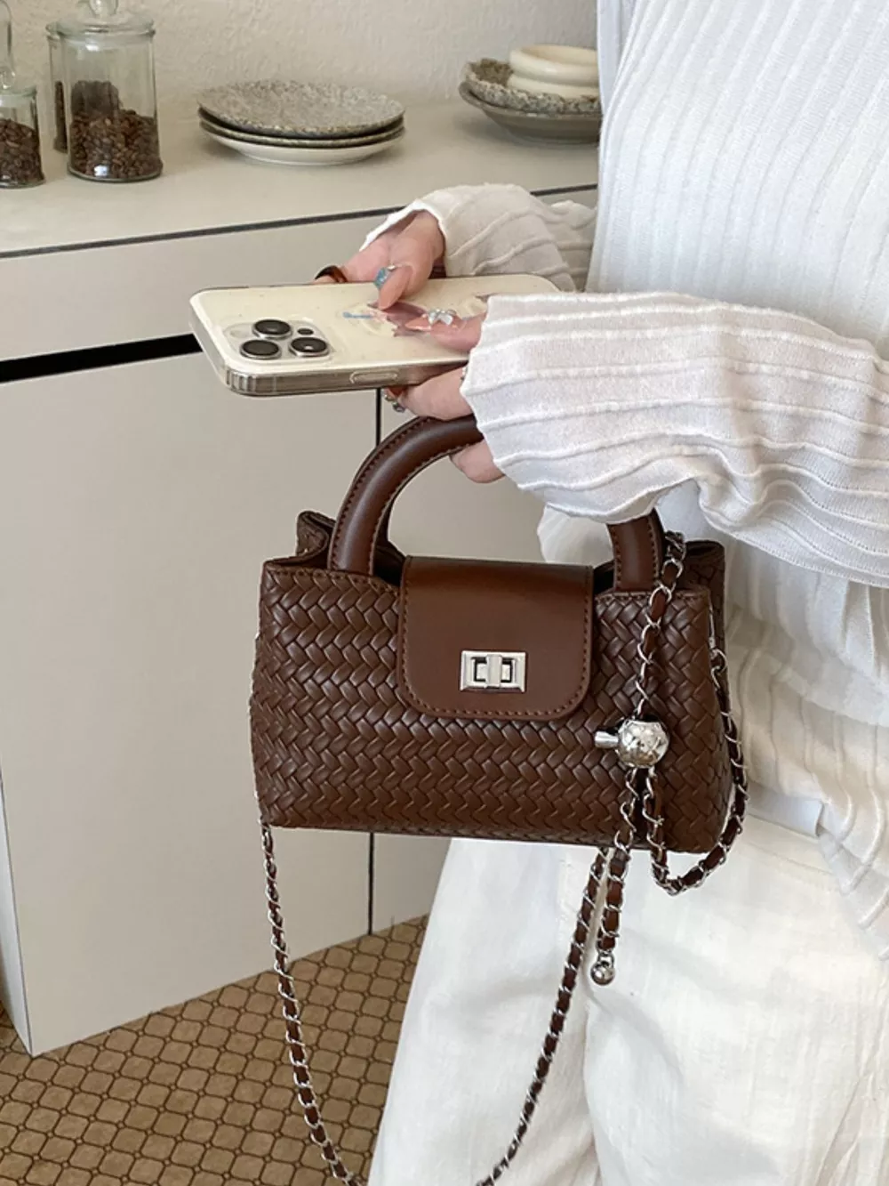 Woven Texture Crossbody Bag with Chain Strap, image 6