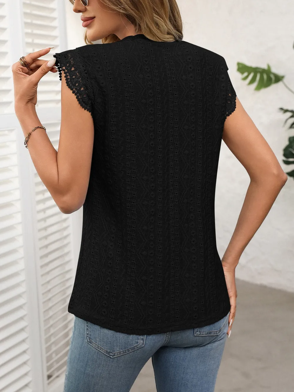 Lace Detail Round Neck Cap Sleeve Top, image 24
