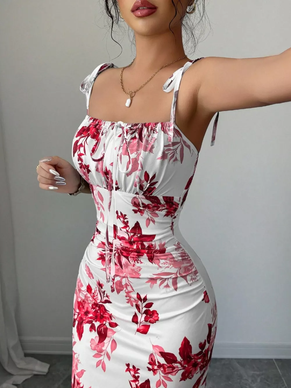 Printed Tie Strap Slit Maxi Dress, image 21