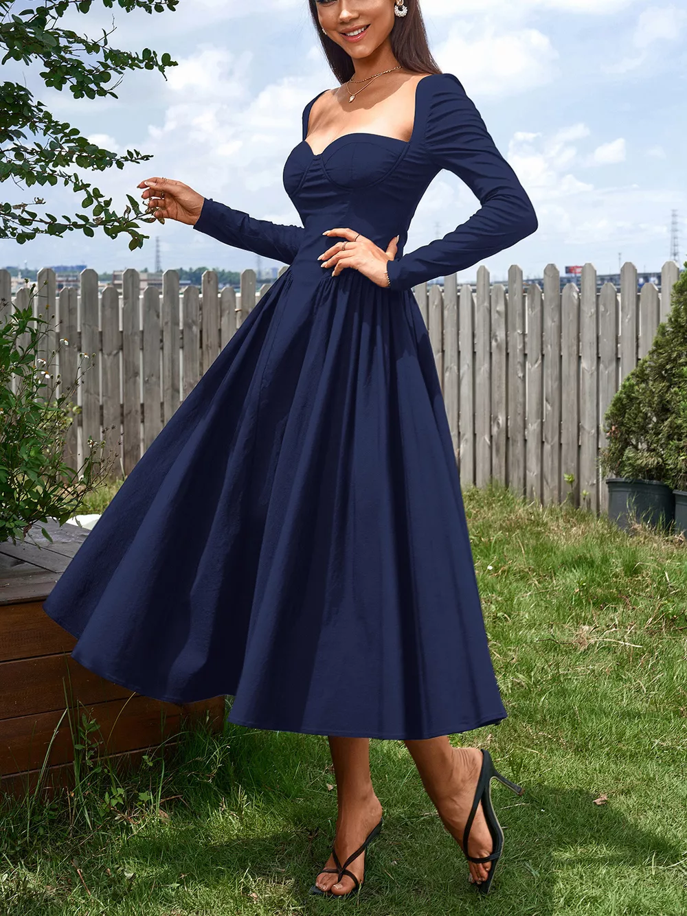 Sweetheart Neckline Long Sleeve A-Line Midi Dress, image 16