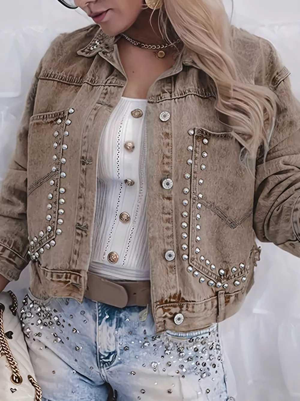 Studded Button Up Wash Denim Jacket, image 4