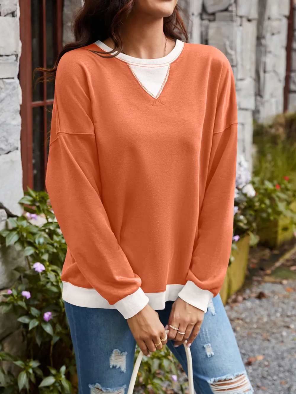Contrast Round Neck Long Sleeve Sweatshirt, image 19