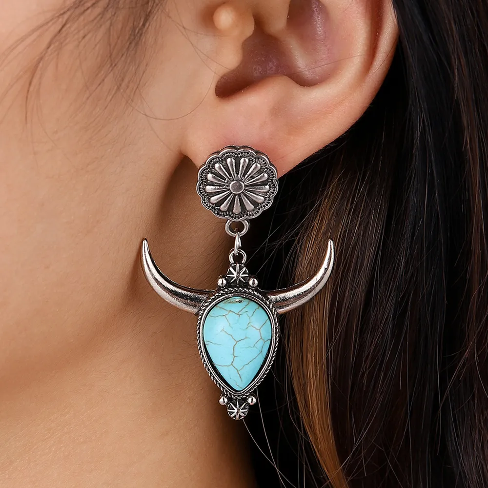 Artificial Turquoise Alloy Cow Head Earrings, image 6