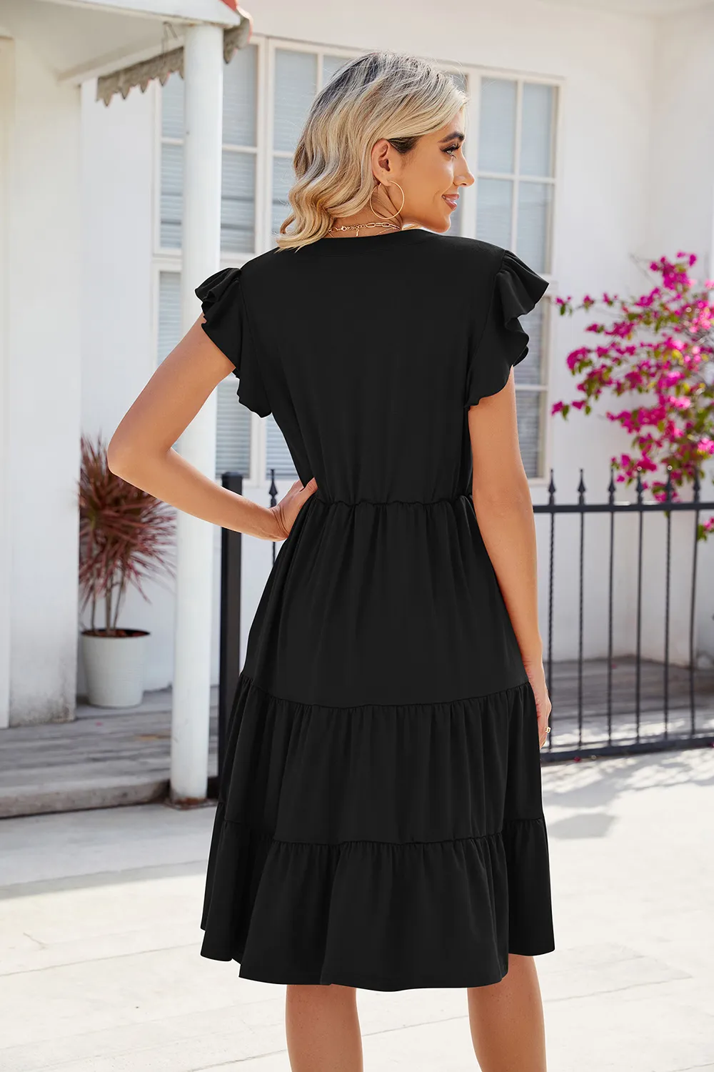 Ruched Notched Cap Sleeve Dress, image 6