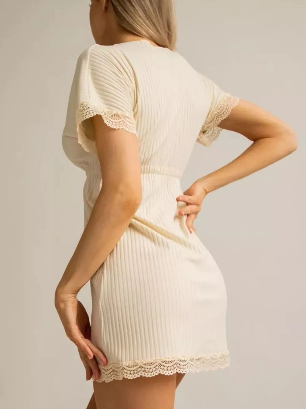Full Size Ribbed Lace-Trim V-Neck Mini Dress Plus Size, image 3