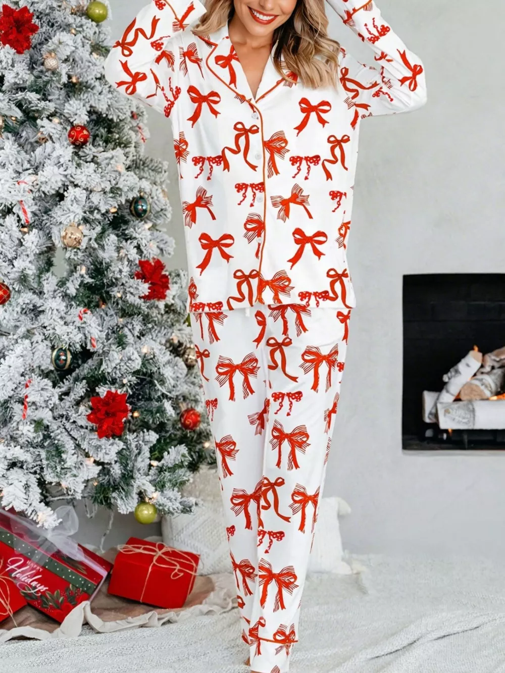 Christmas Bow Print Top and Pants 2pcs Pajama Set, image 2
