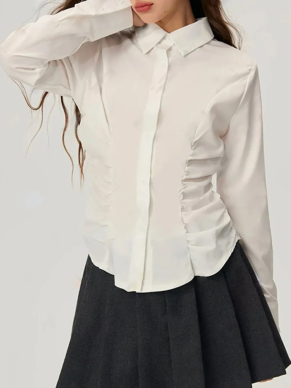 Ruched Button Down Long Sleeve Shirt, image 4