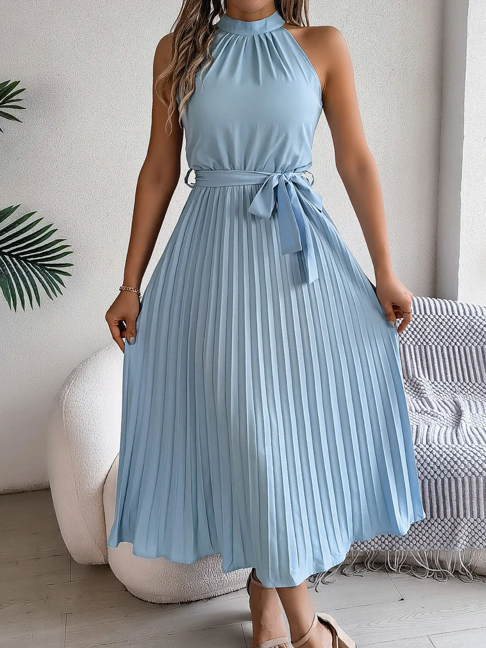 Grecian Neck Tie Waist Pleated Dress, image 5