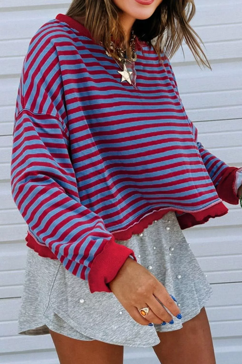 Stripe Exposed Seam Contrast Ribbed Trim Oversize Sweatshirt, image 2