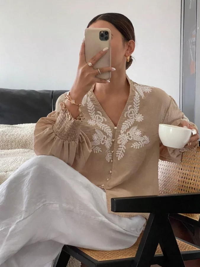 Embroidered Notched Long Sleeve Blouse, image 10