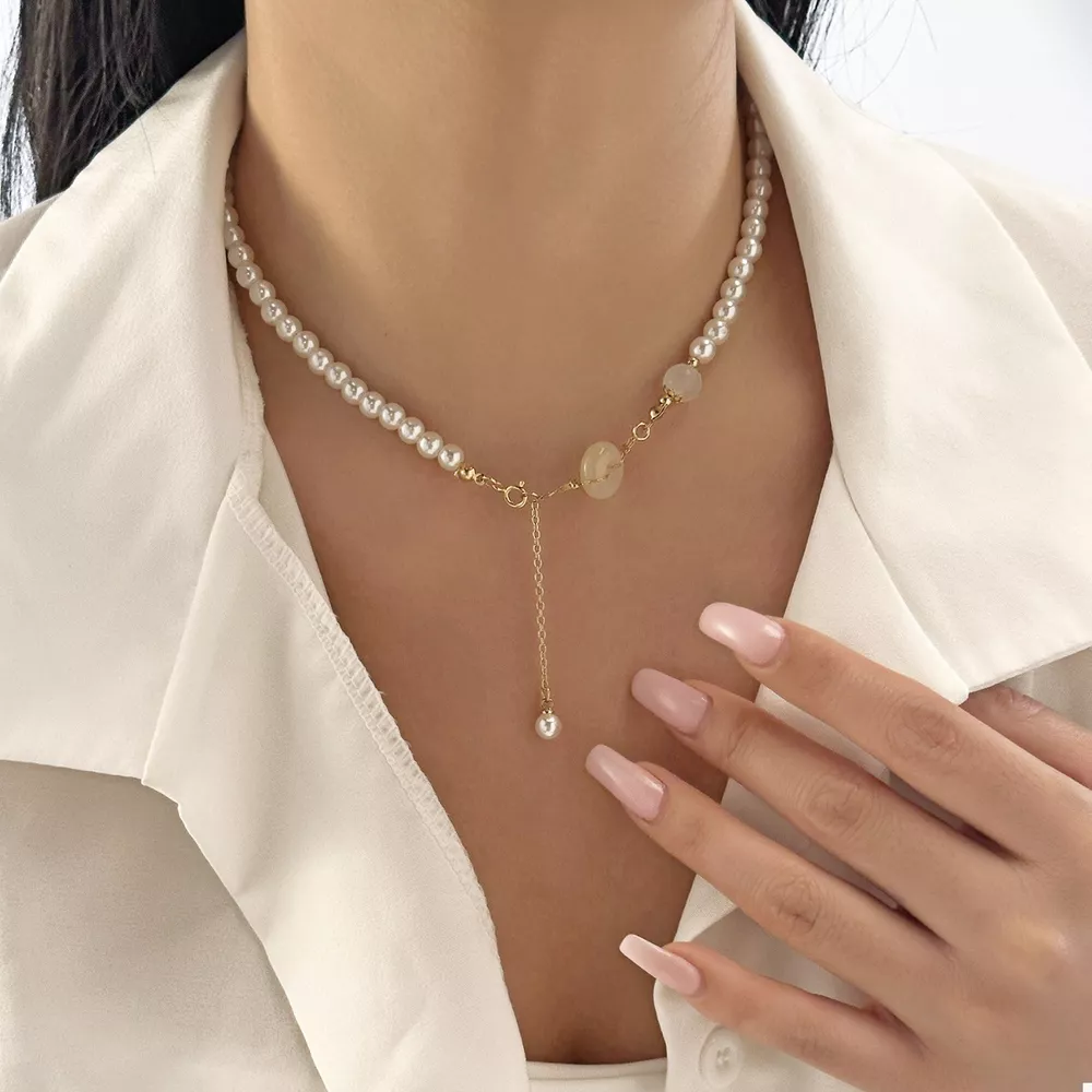 Synthetic Pearl 18K Gold-Plated Resin Pendant Necklace, image 3