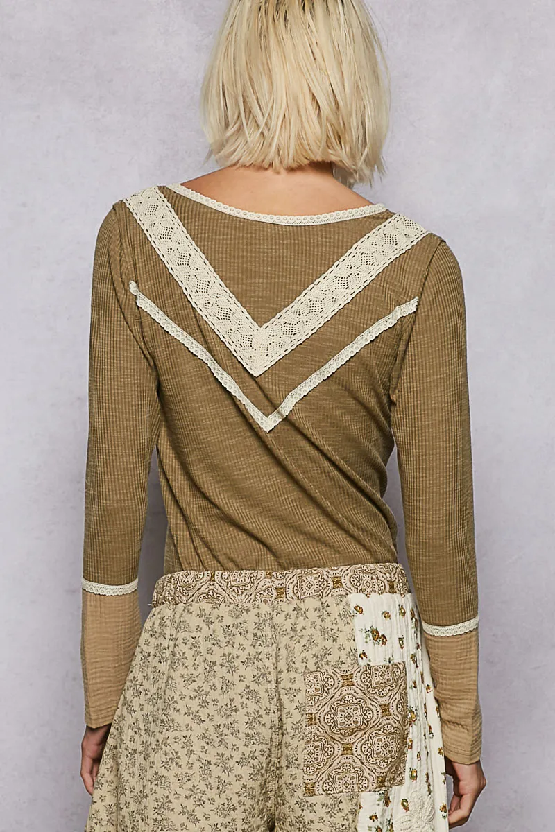 Ribbed Half Button Lace Detail Knit Top, image 4