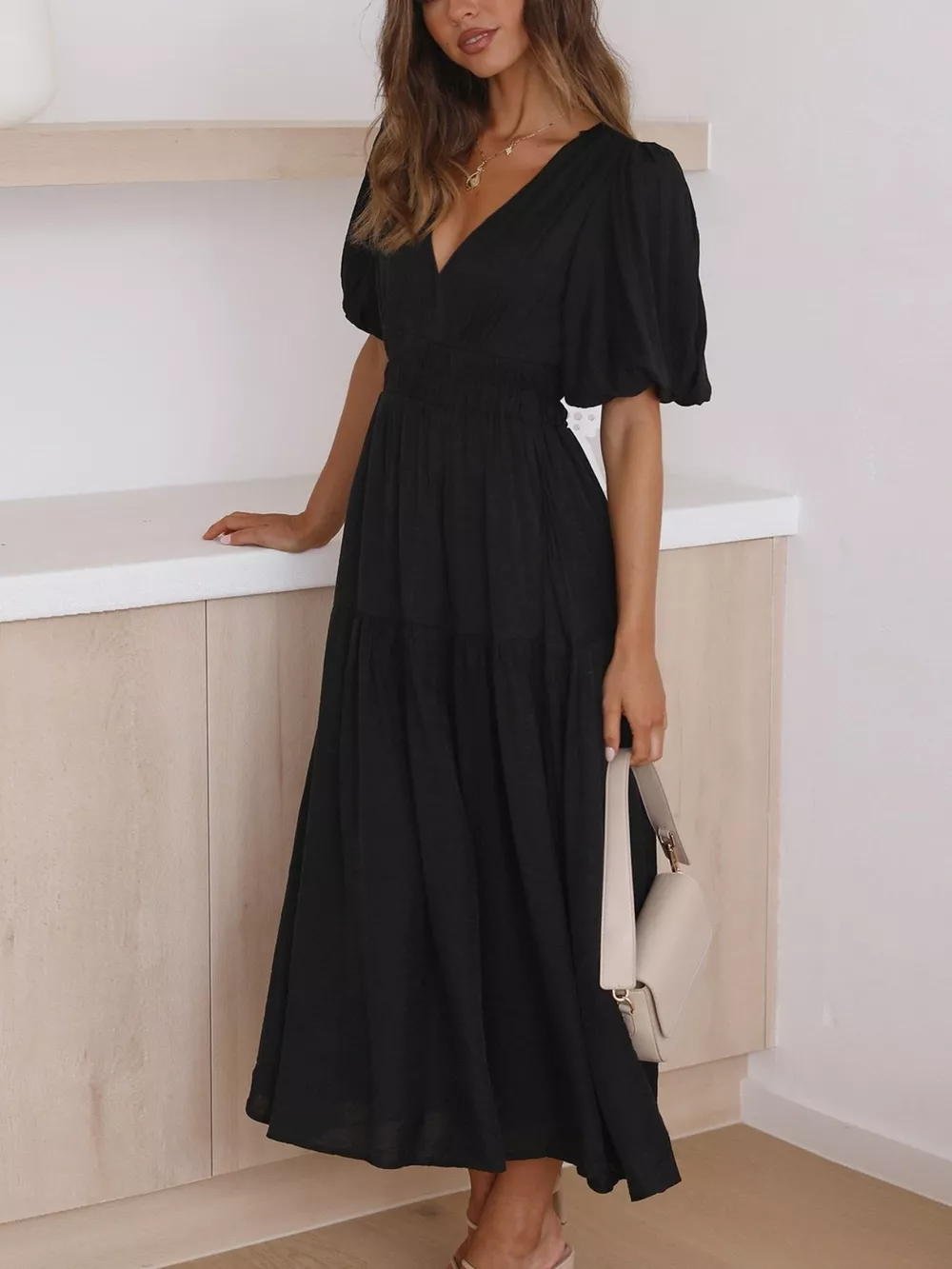 V-Neck Puff Sleeve Midi Dress, image 13