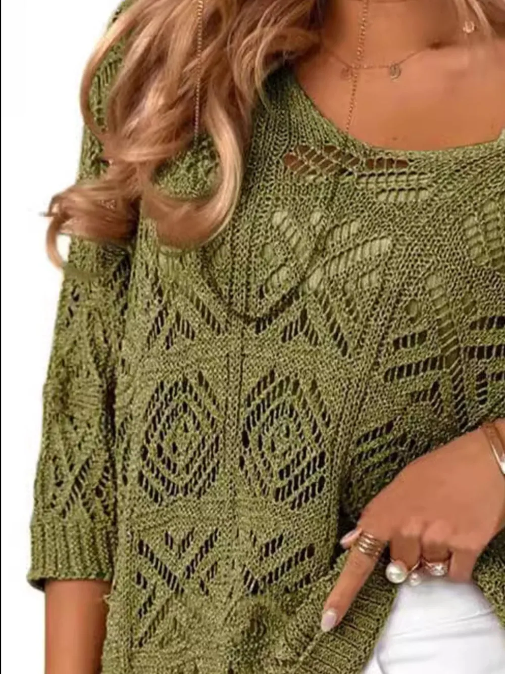 Openwork 3/4 Sleeve Knit Cover Up, image 9