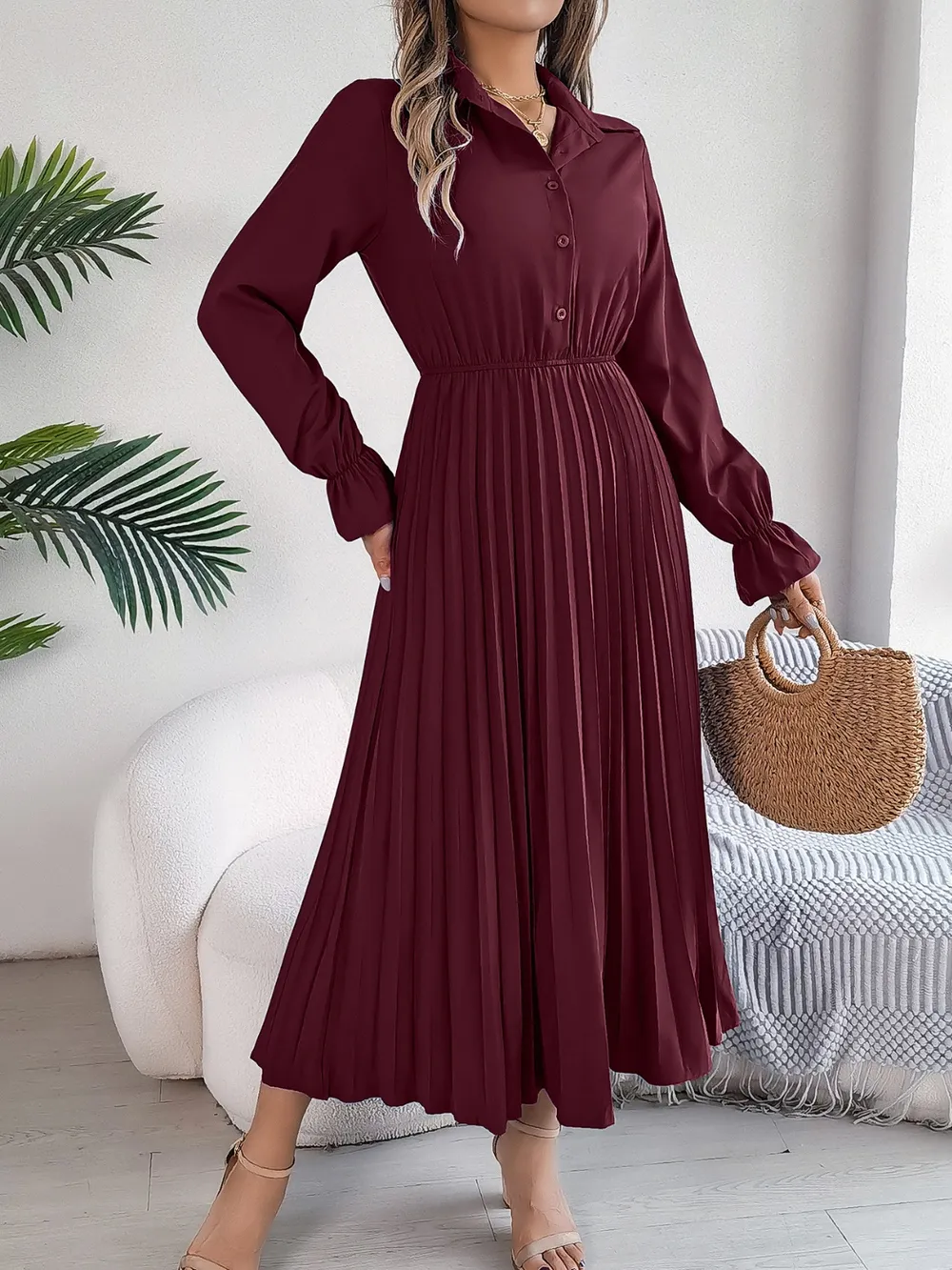 Pleated Half Button Long Sleeve Midi Dress, image 9