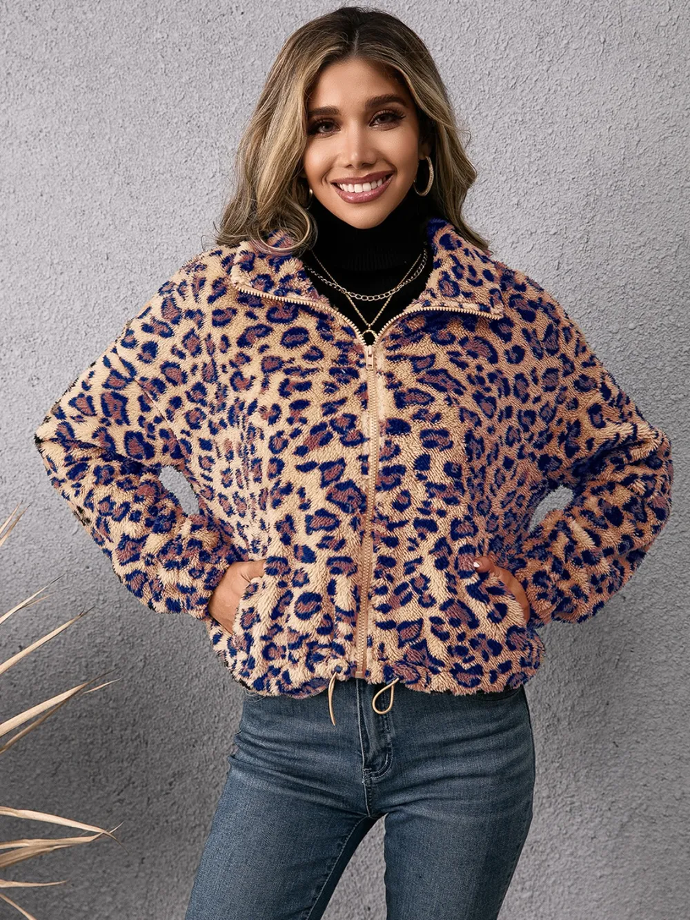 Drawstring Leopard Zip Up Jacket, image 2
