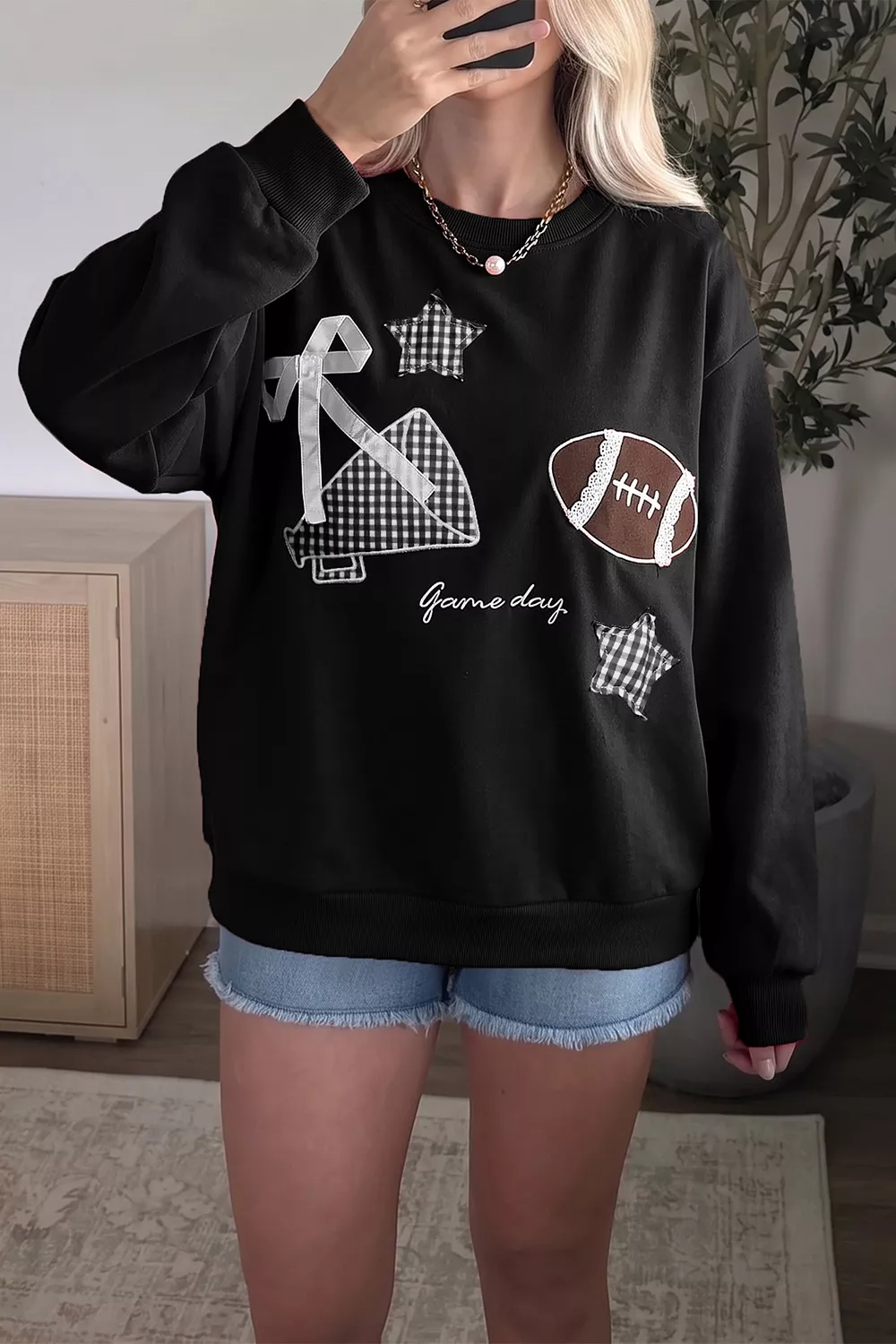 Gingham Patch Embroidered Rugby Game Day Stars Sweatshirt, image 9