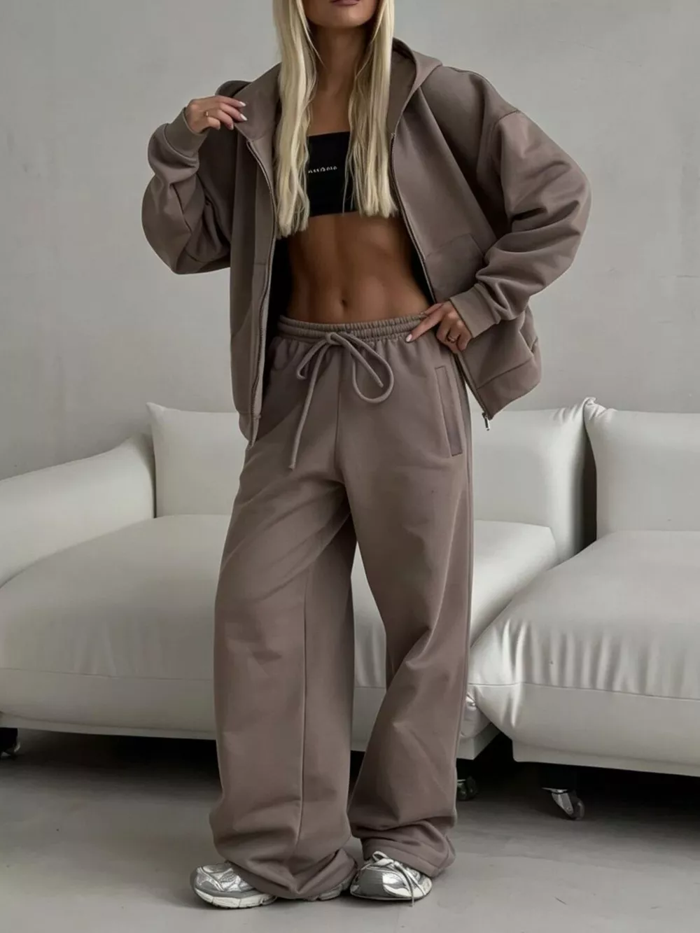 Casual Zip-Up Hoodie and Wide-Leg Sweatpants Set, image 22
