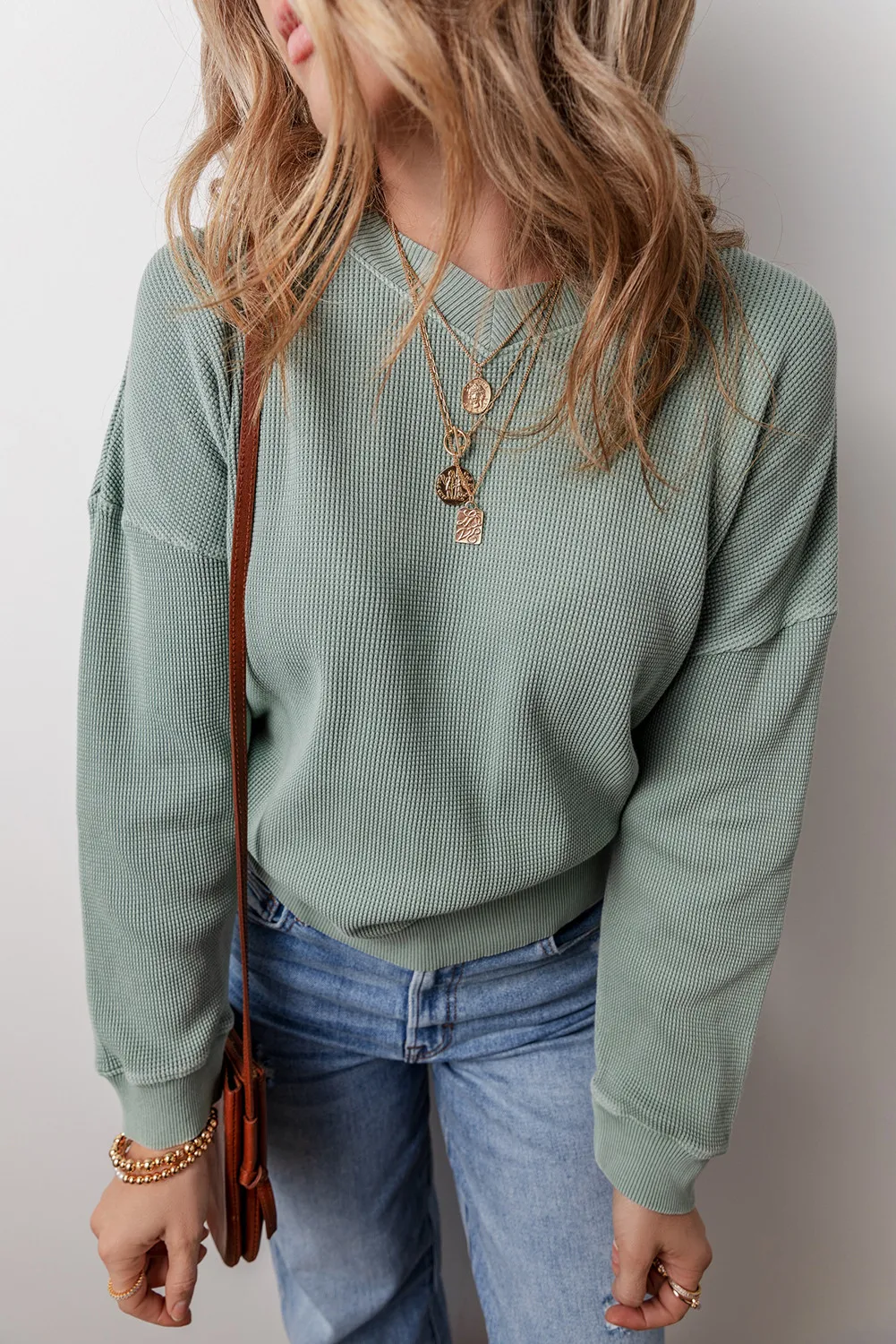 Waffle-Knit Long Sleeve Dropped Shoulder Top, image 5