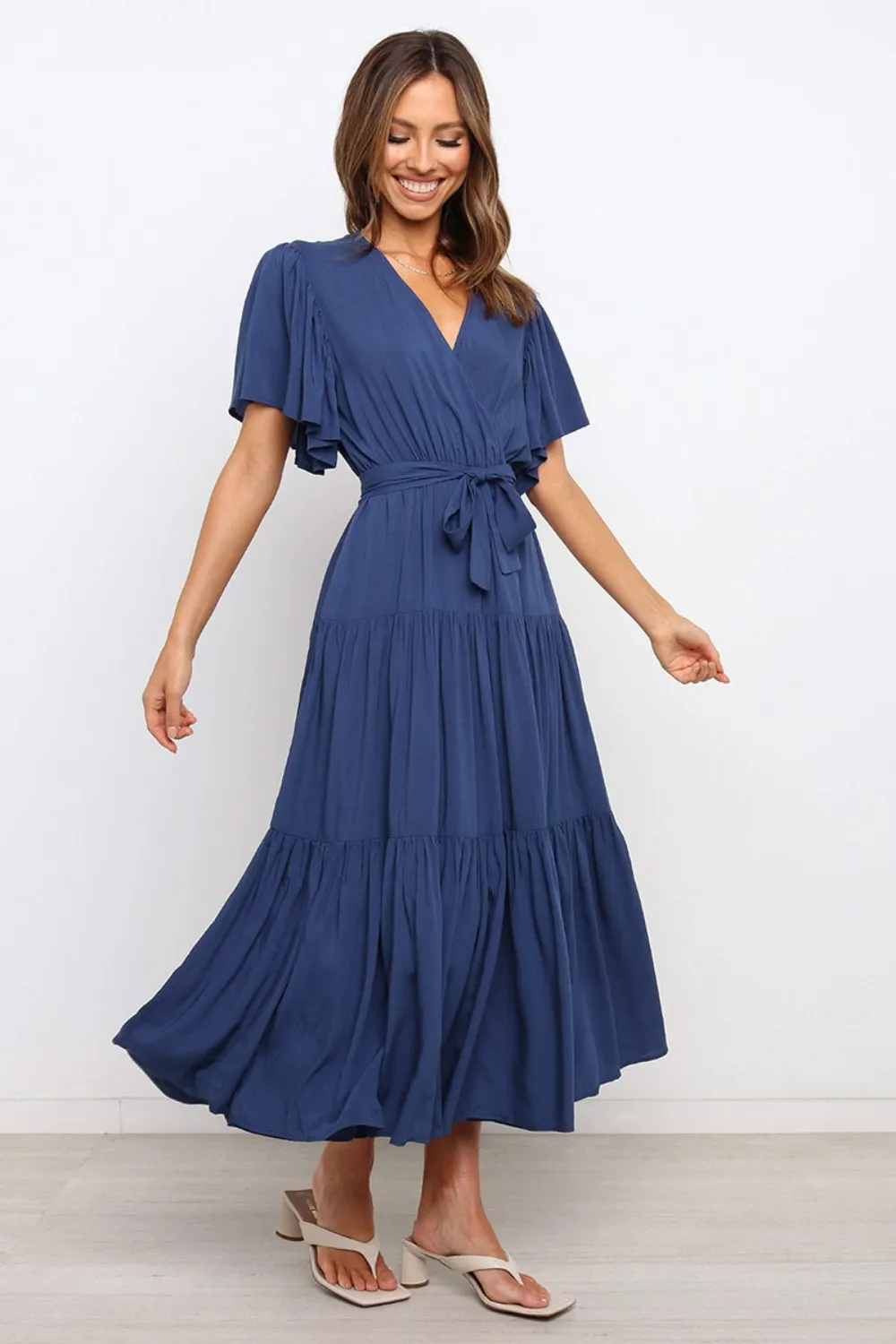 Front Tie Short Sleeve Tiered Midi Dress, image 7