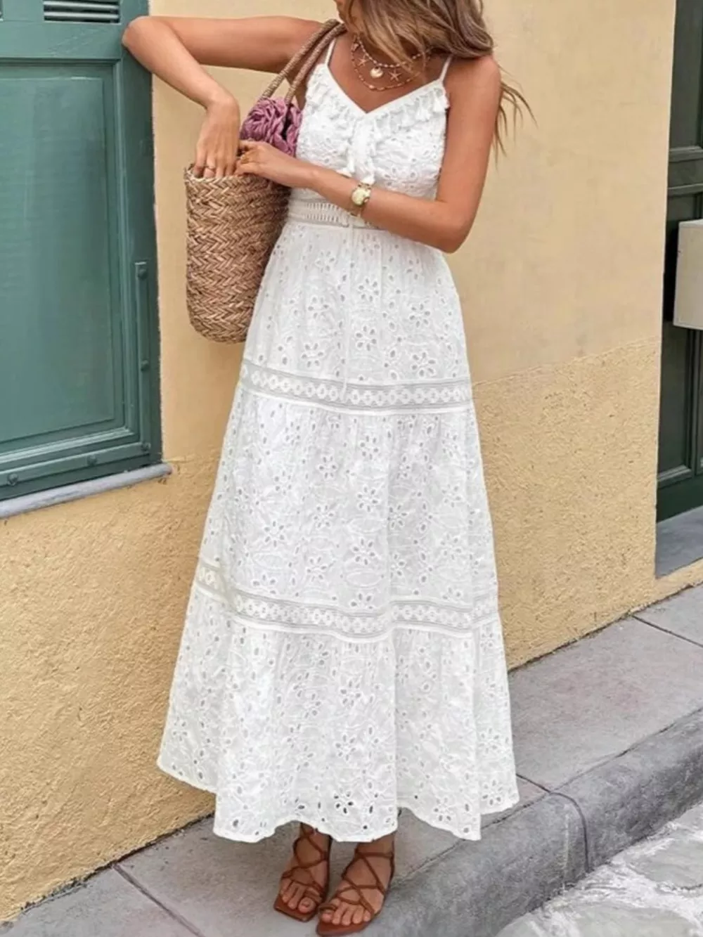 Eyelet Embroidered Cami Dress with Tassel Detail, image 2