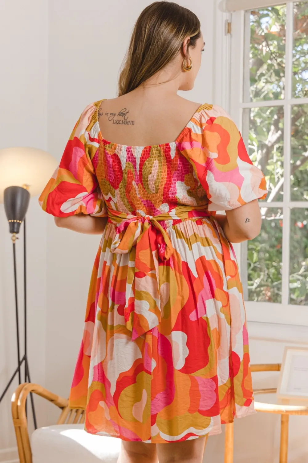 Full Size Printed Tied Back Short Sleeve Mini Dress, image 2