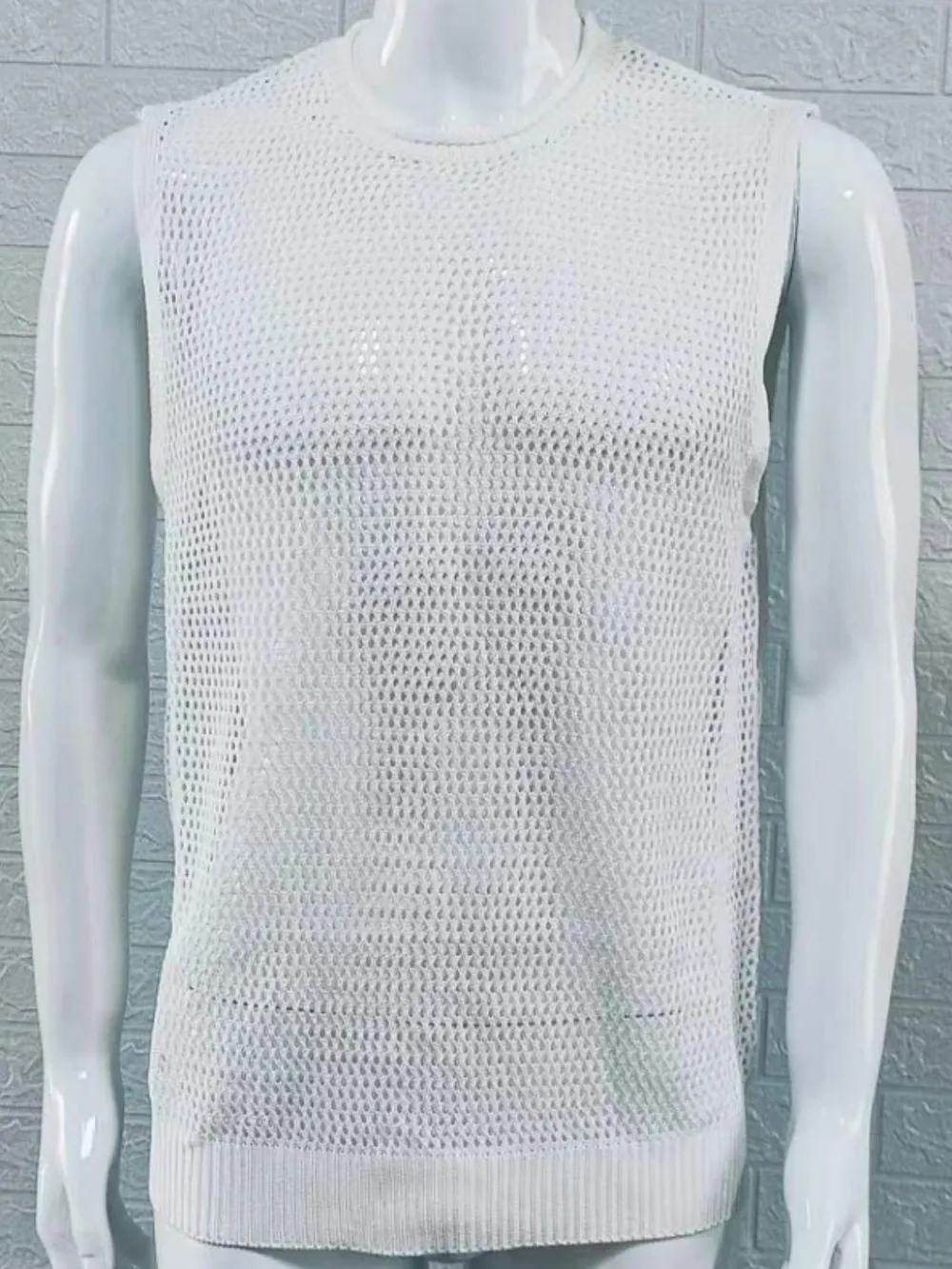 Men's Openwork Round Neck Sleeveless Knit Top, image 9