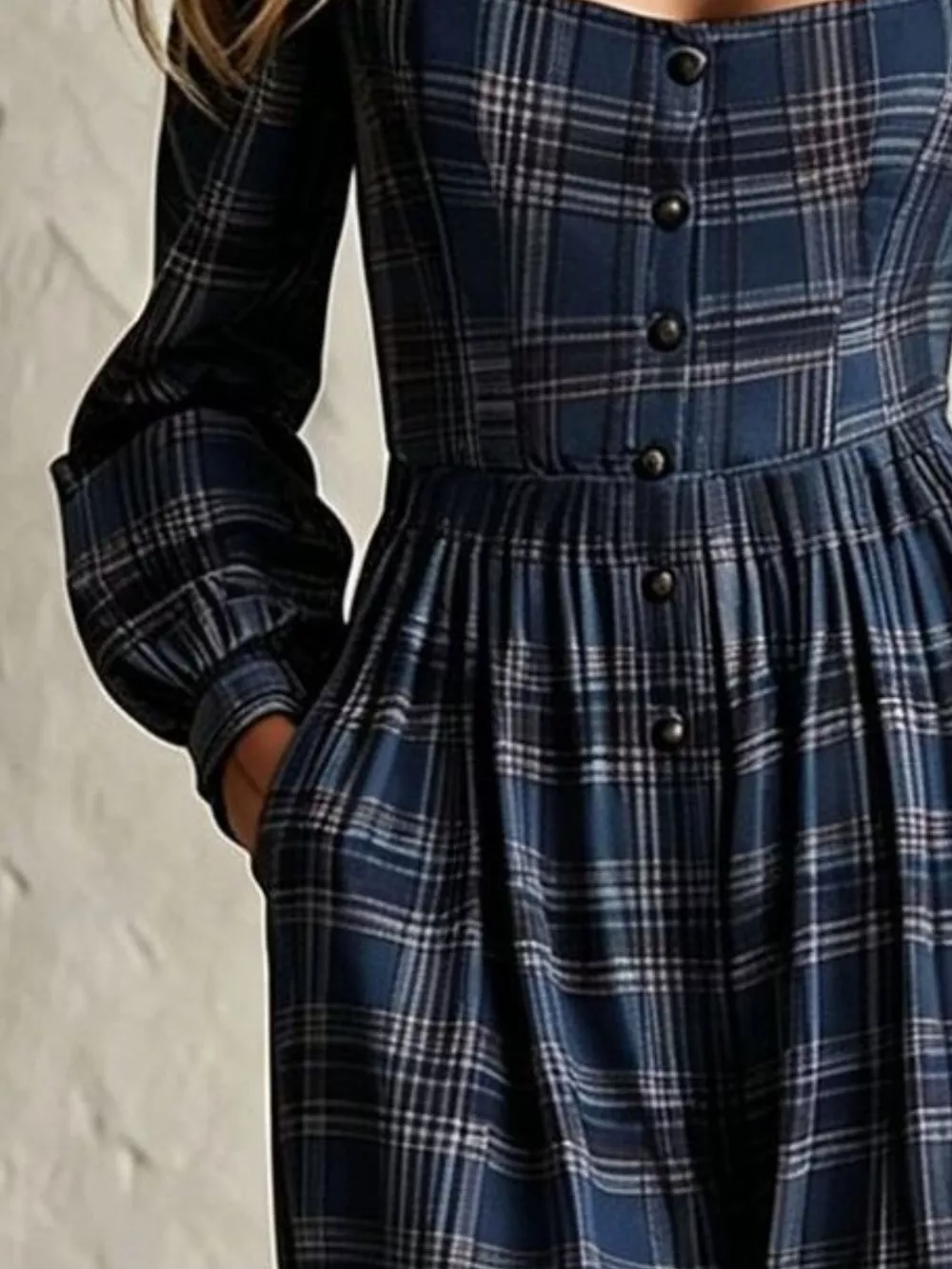 Plaid Square Neck Long Sleeve Wide Leg Jumpsuit, image 12