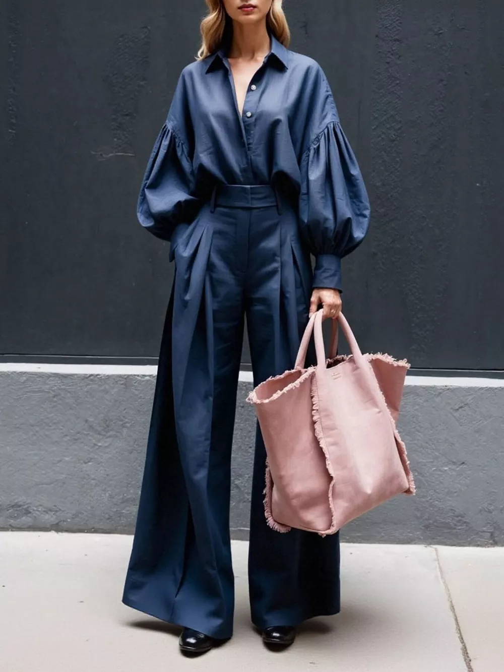 Lantern Sleeve Shirt and Wide Leg Pants Set, image 7