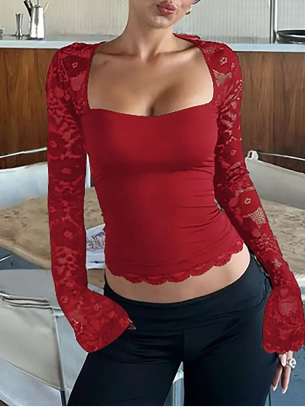 Sheer Lace Sleeve Square Neck T-Shirt, image 23