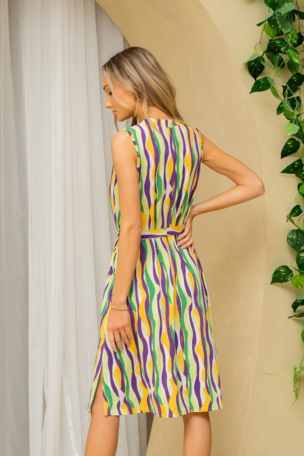 Full Size Stripe Tied Sleeveless Dress with Side Pockets, image 2