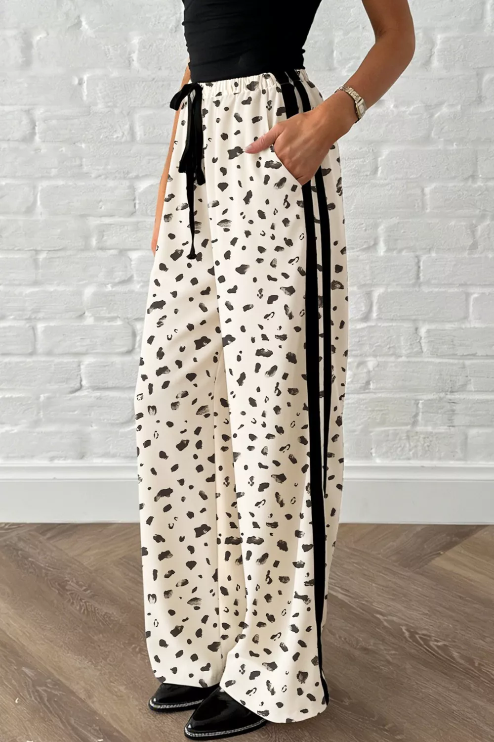 Leopard Print Side Stripe Detail Loose Drawstring Pants, image 3