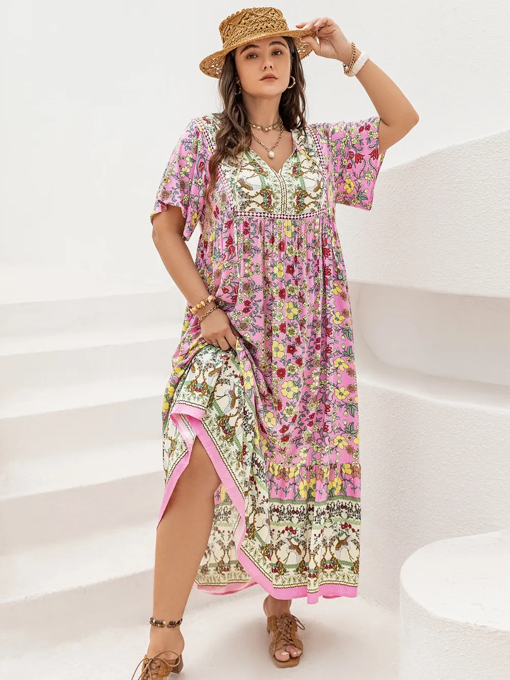 Plus Size Floral Tie Neck Flutter Sleeve Maxi Dress, image 4