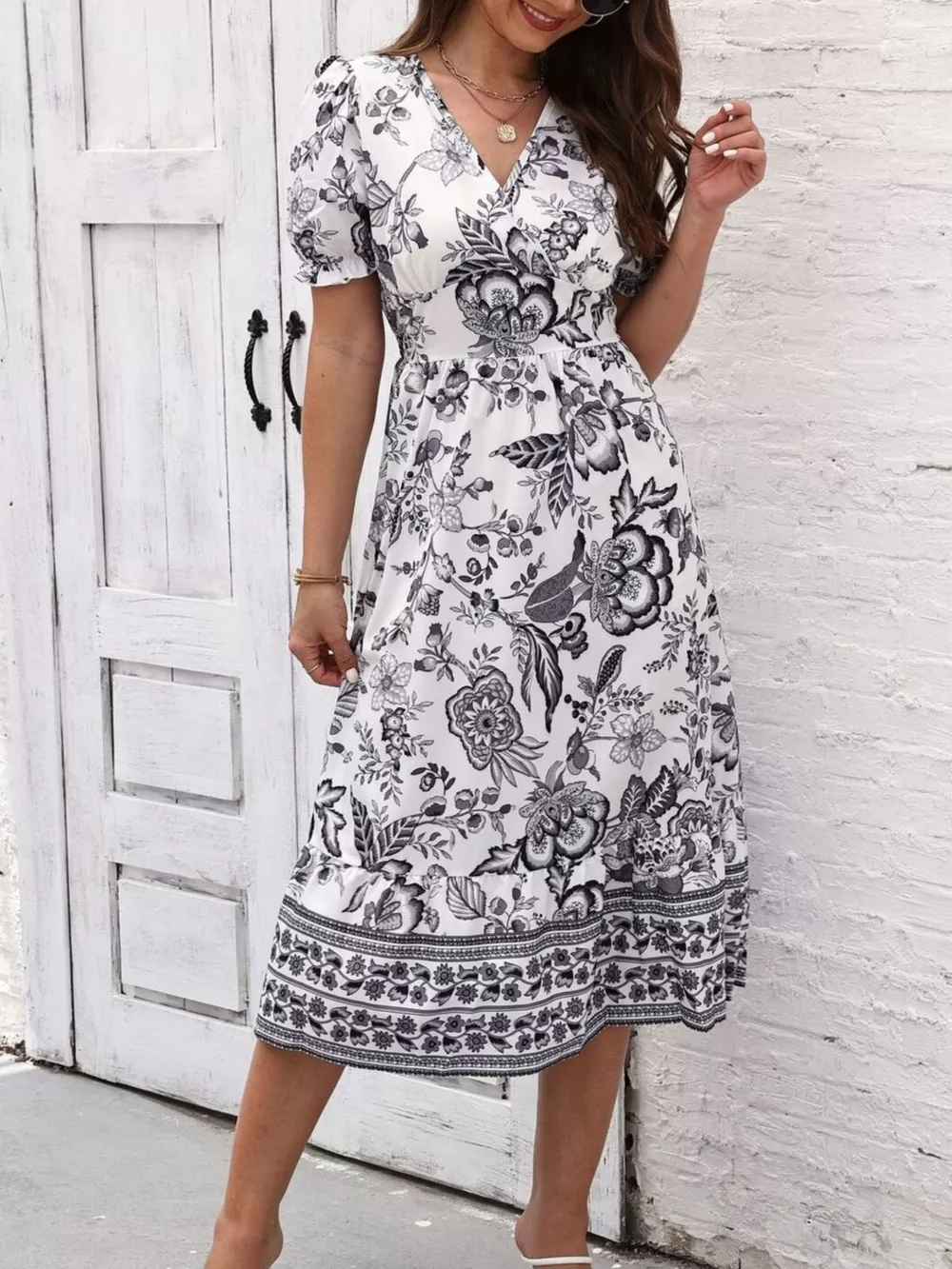Floral Print Puff Sleeve Wrap Midi Dress, image 26