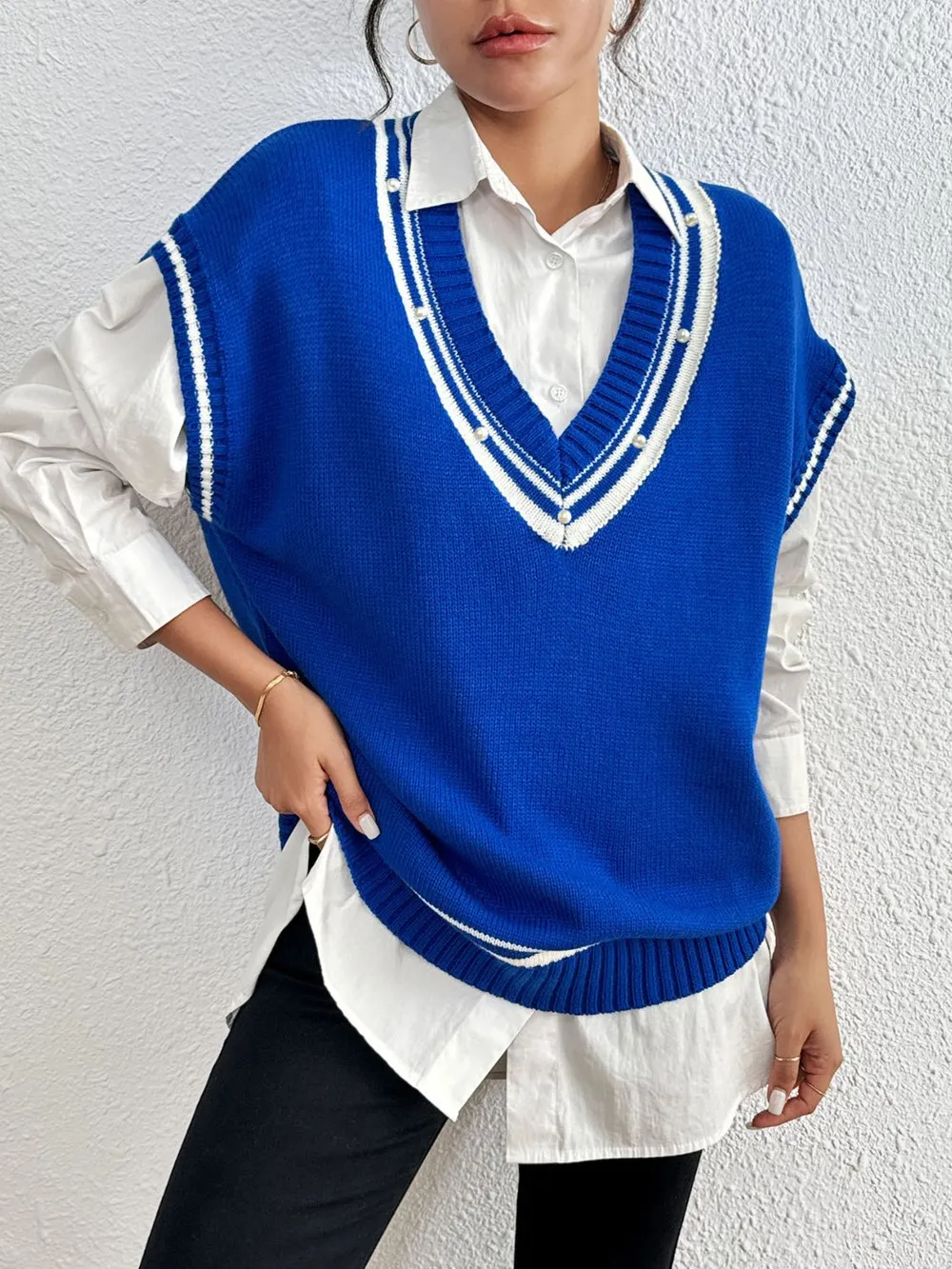 Pearl Trim Contrast V-Neck Sweater Vest, image 17