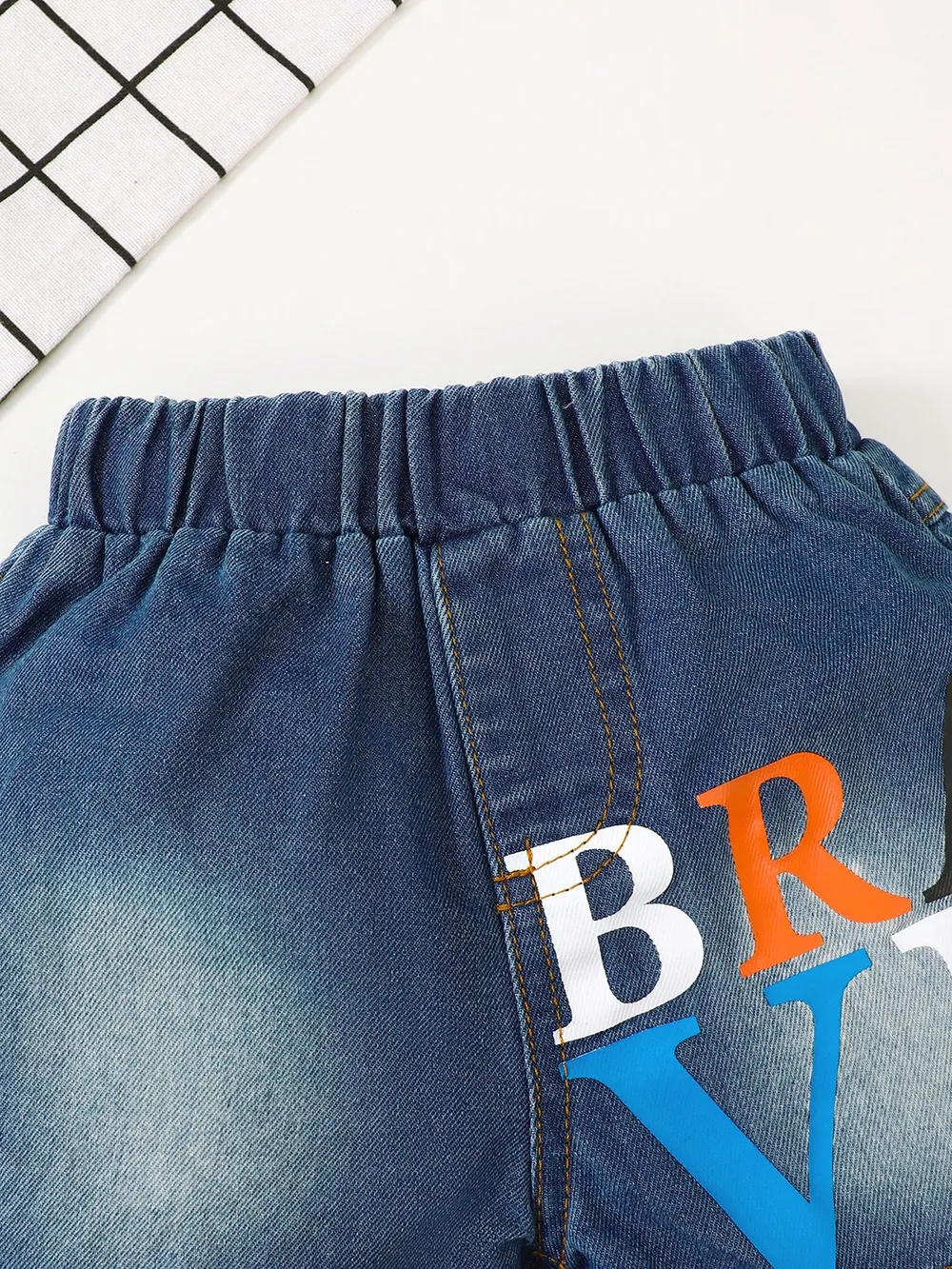 Children's Letter Round Neck Top and Denim Shorts Set, image 7