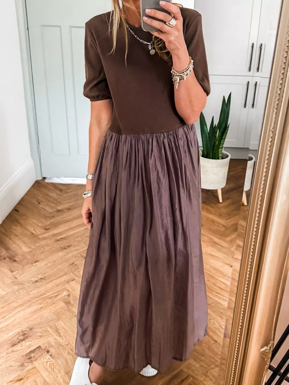 Short Sleeve Knit Top Patchwork Pleated Dress, image 2