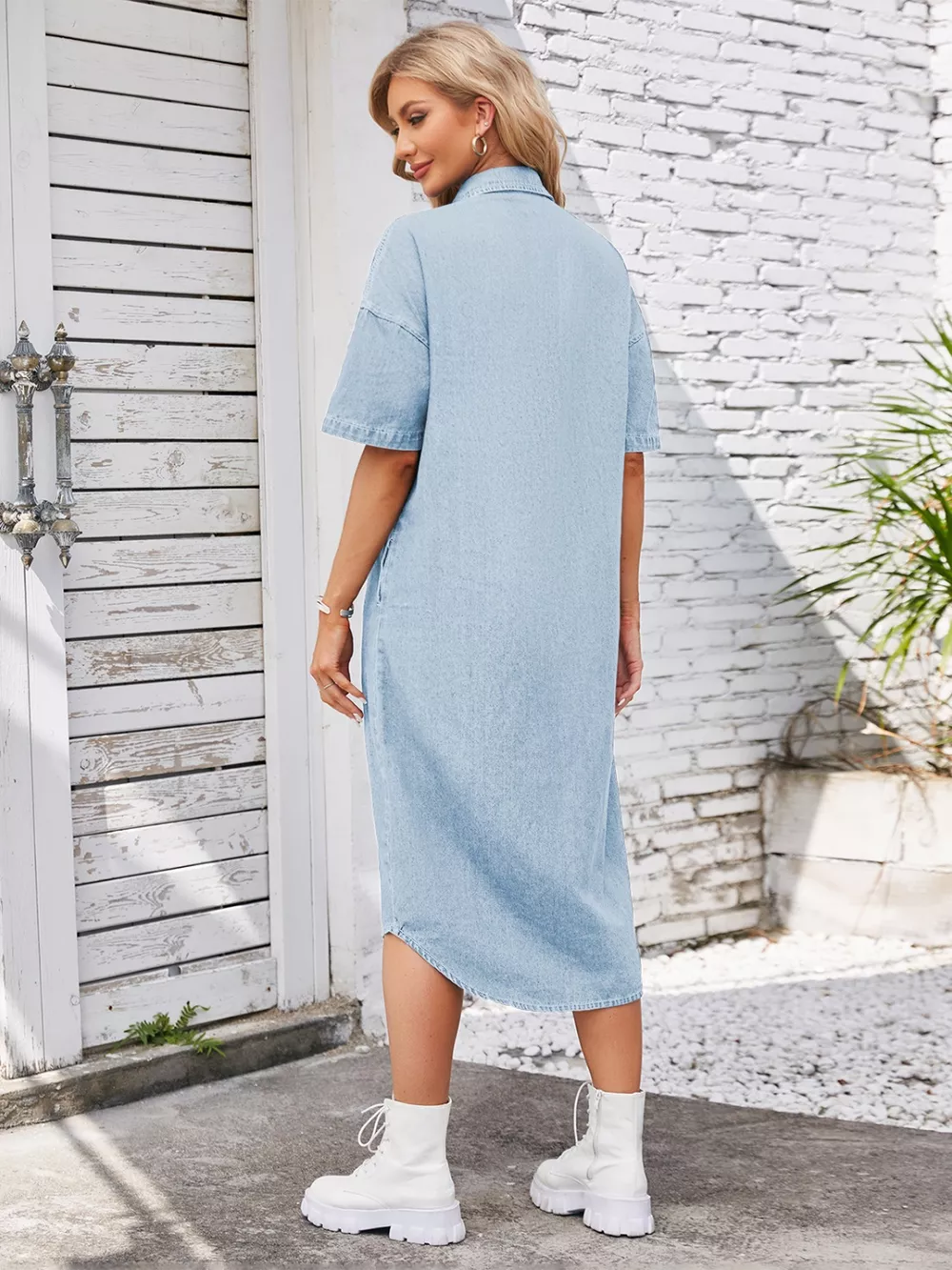 Button Up Dropped Shoulder Denim Dress, image 4