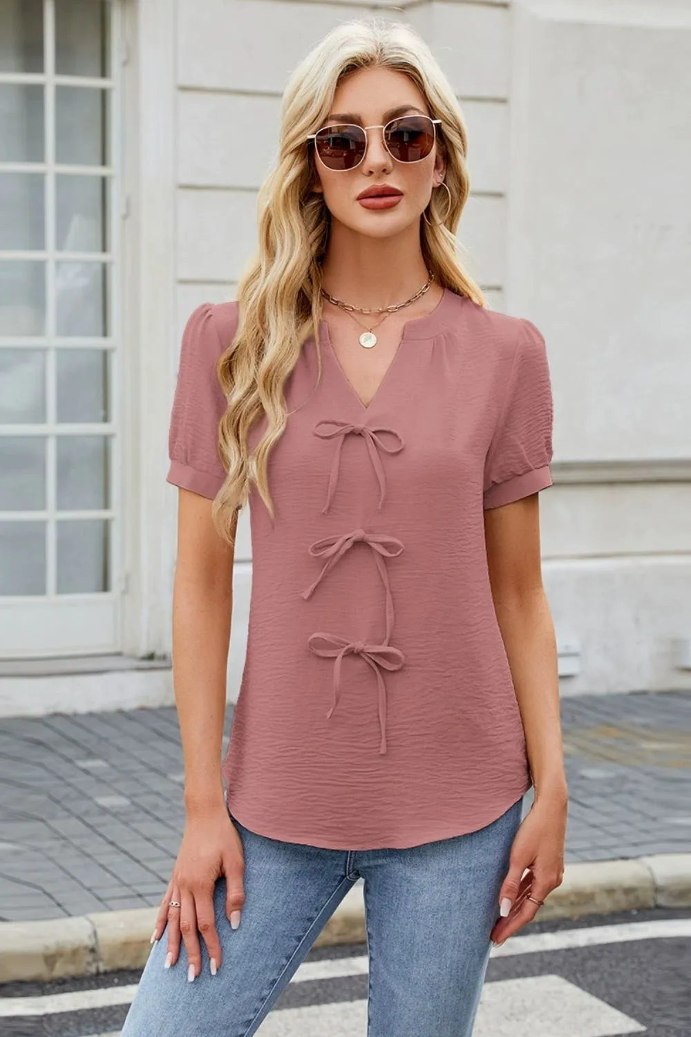 Bow Notched Short Sleeve Blouse, image 4