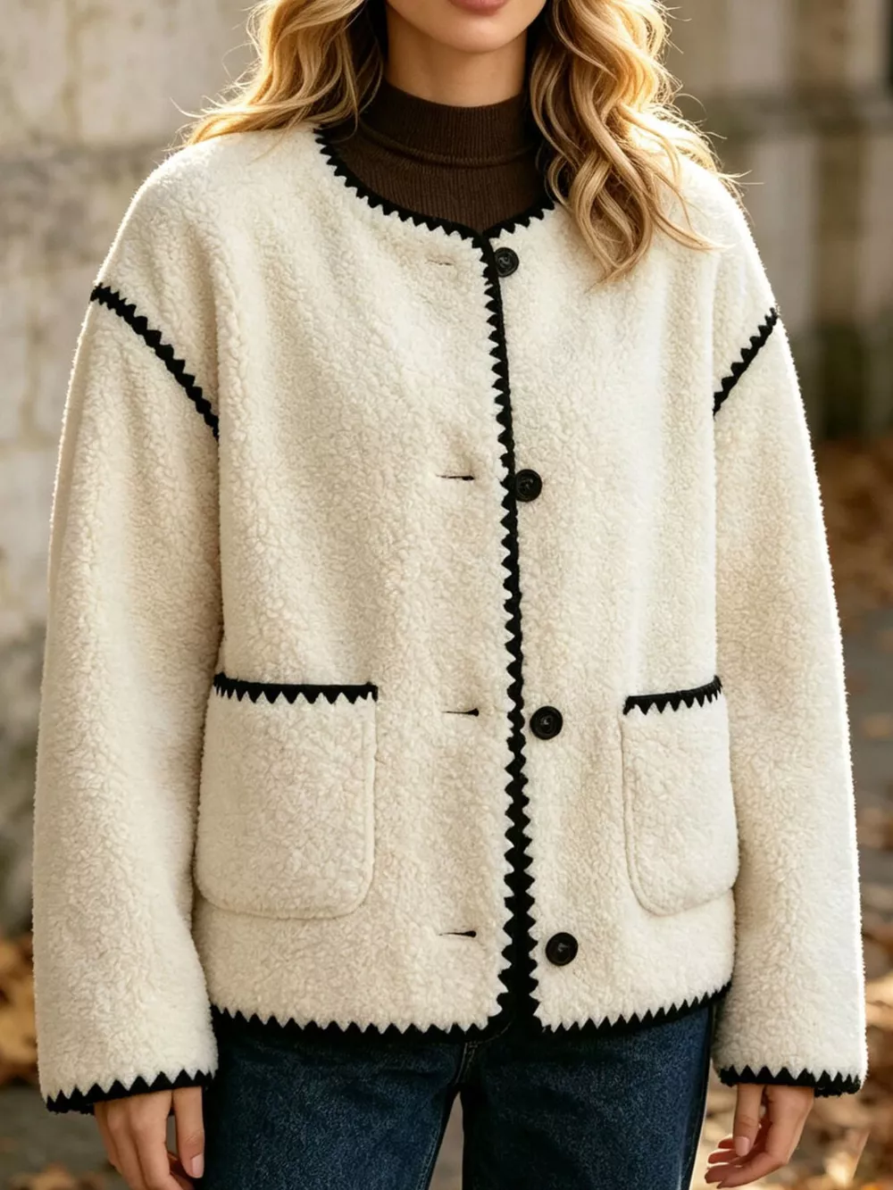 Faux Shearling Contrast Trim Button-Down Outerwear, image 3